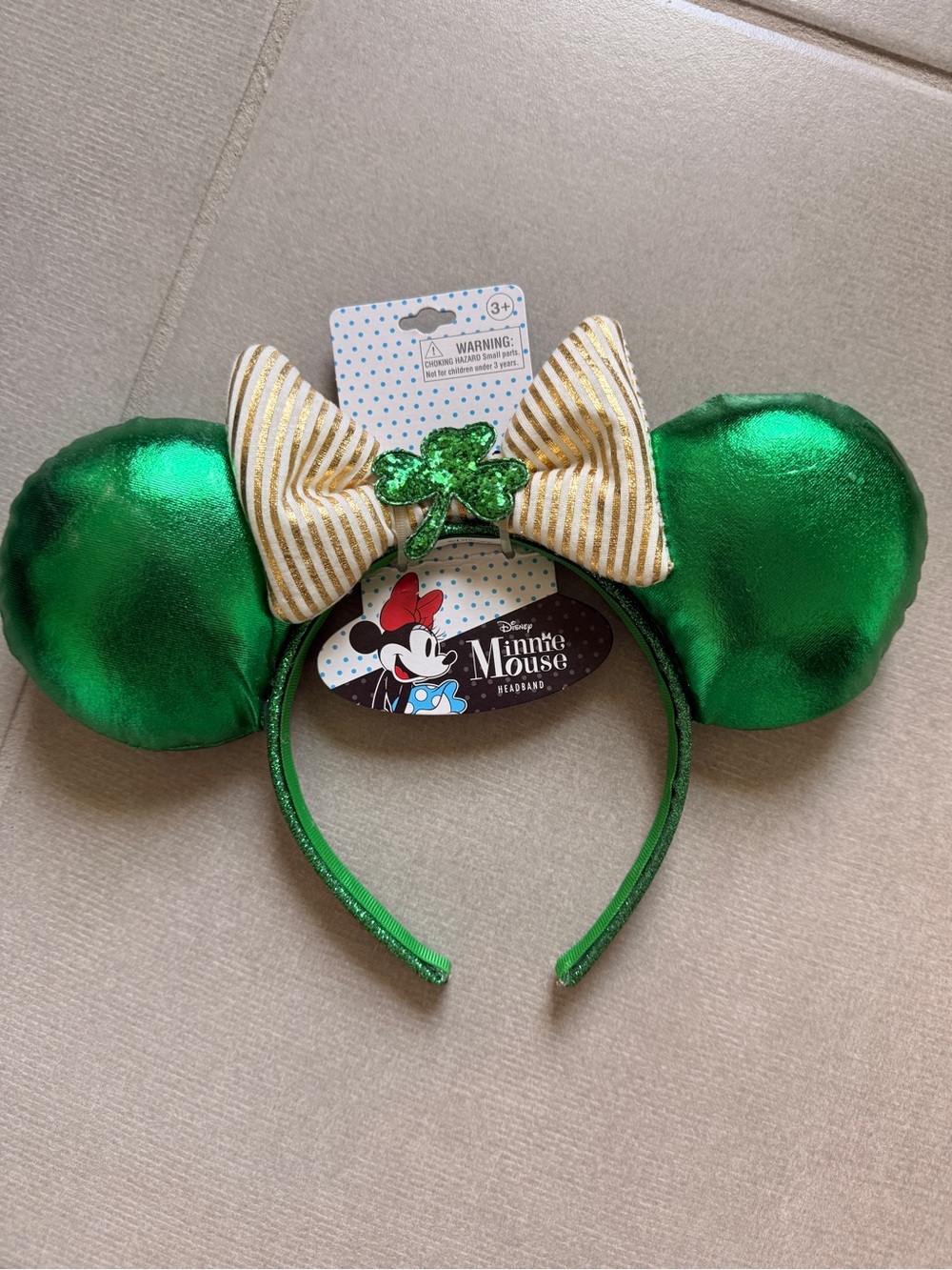 Disney Metallic Green Minnie Ears Headband with Gold Striped Bow